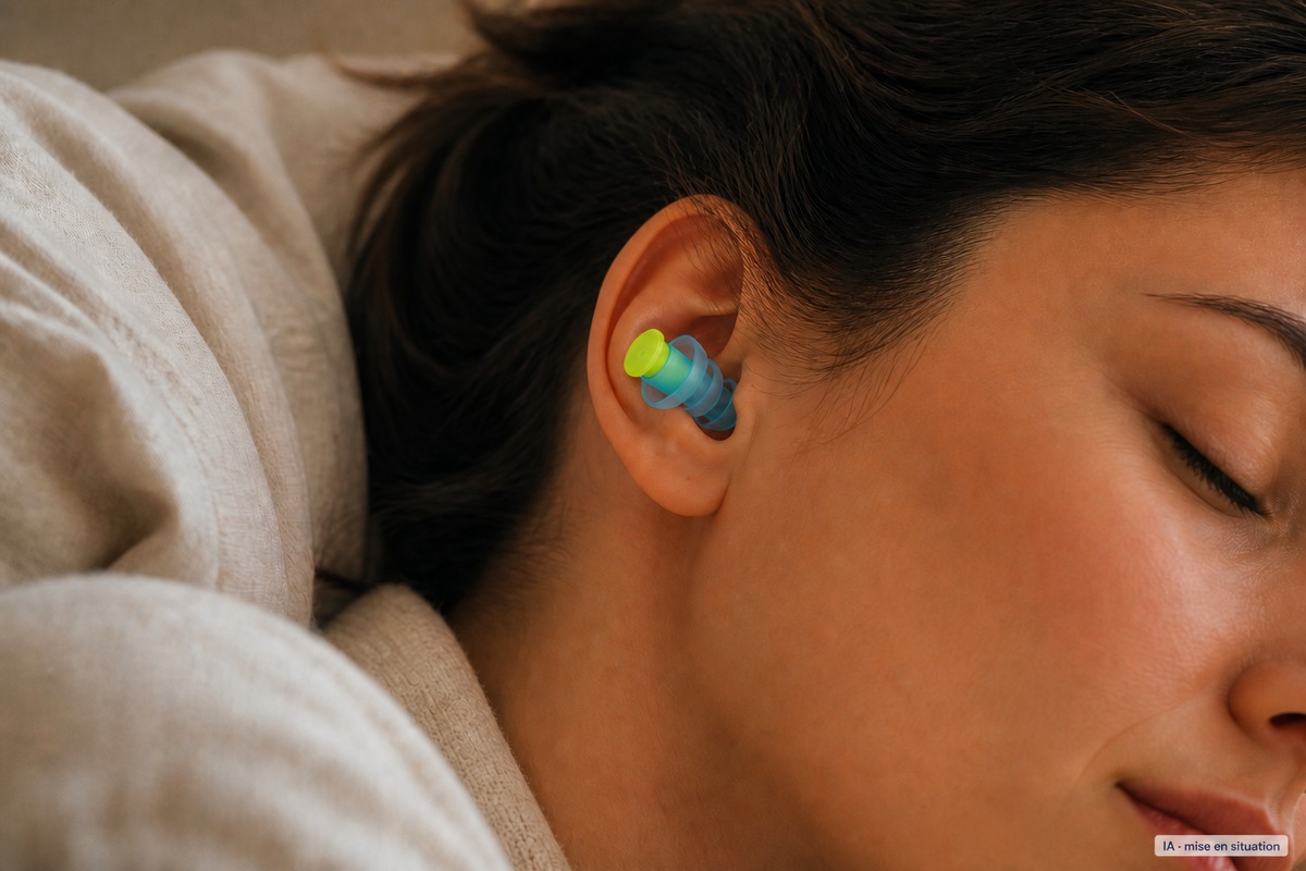Femme dormant avec des bouchons d’oreilles en silicone Sova – mise en situation IA Image