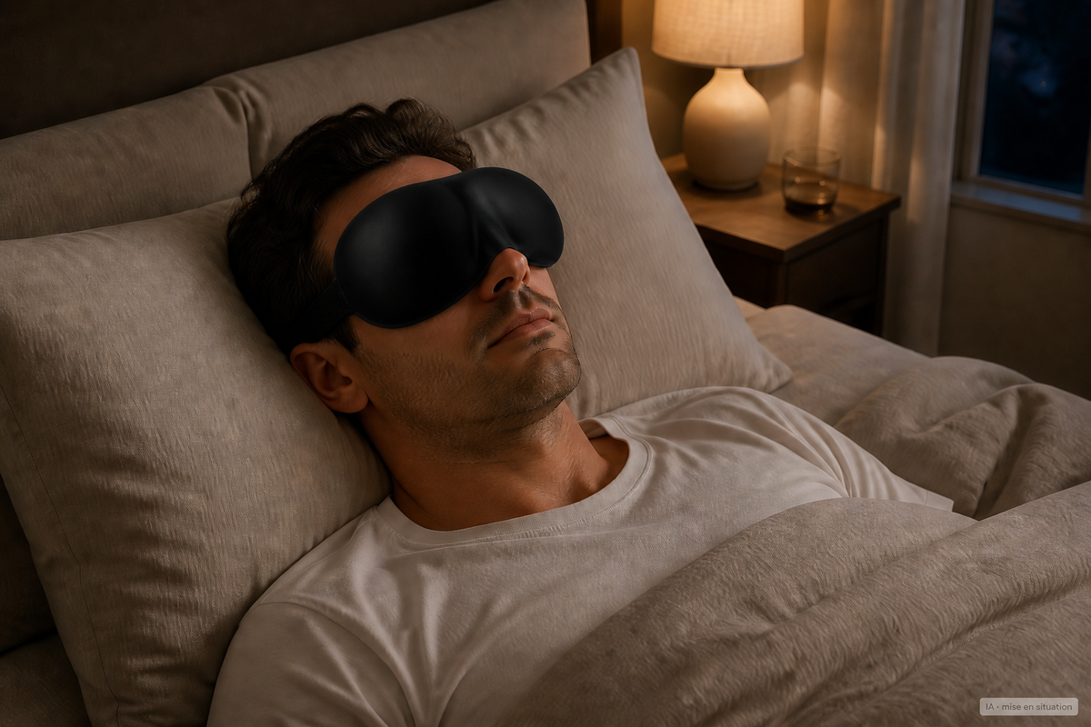 Homme portant le masque de sommeil 3D Sova au lit – mise en situation IA Image