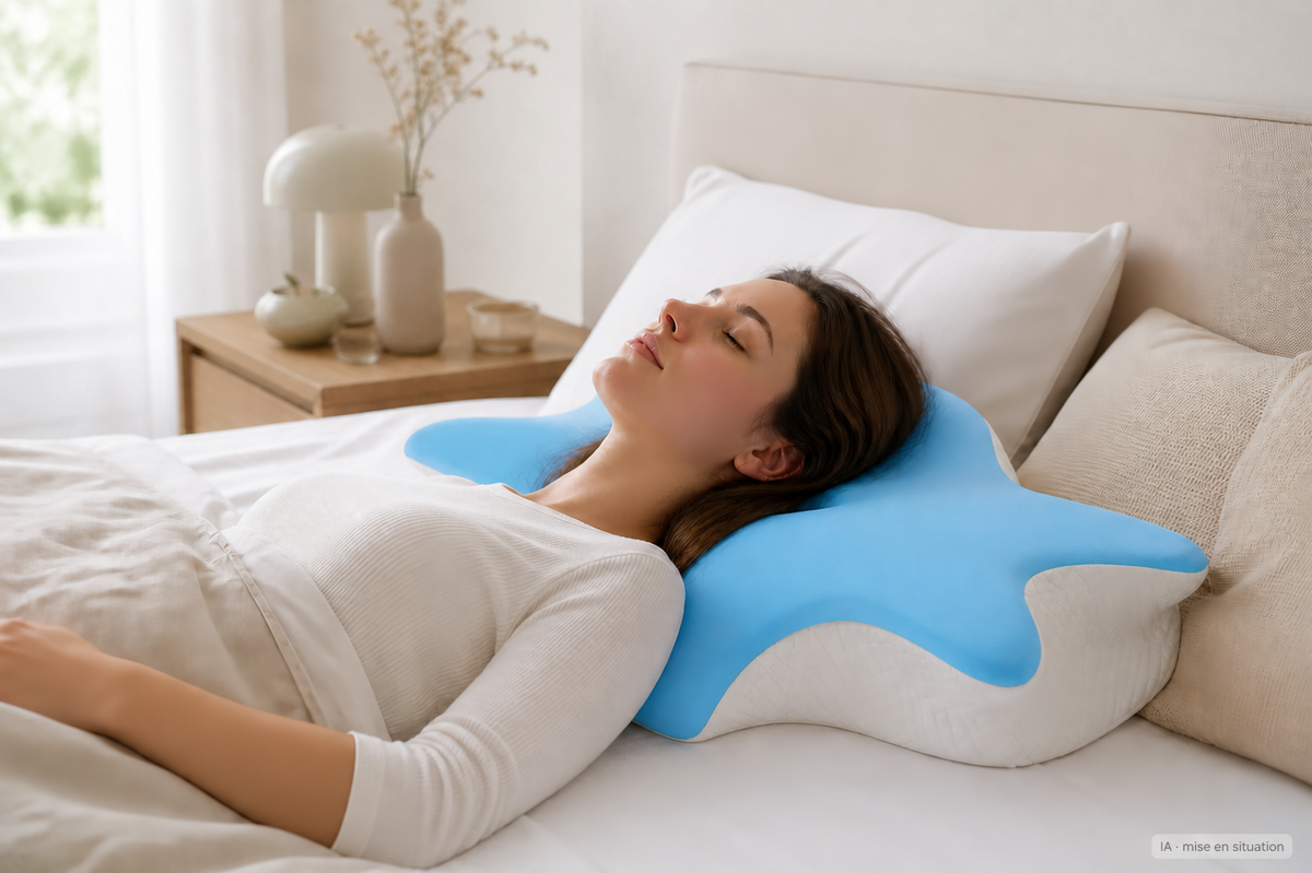 Femme allongée sur un oreiller ergonomique cervical Sova bleu – mise en situation IA Image